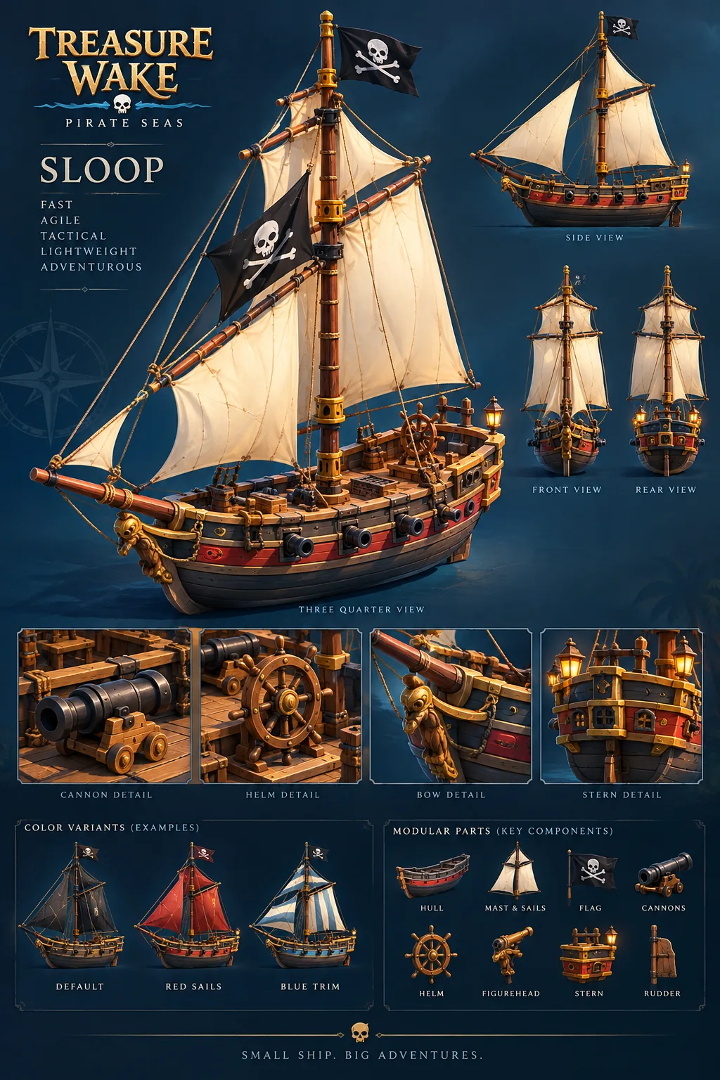 Sloop concept art with side, front and rear views, details, and visual variants.